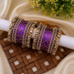 Purple Gold Kundan Bridal Bangle Set | Traditional Indian Wedding Chura Ethnic Jewelry