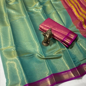 Sari de seda suave color oro mostaza / Borde de zari color cobre, estilo Banarasi, ropa festiva