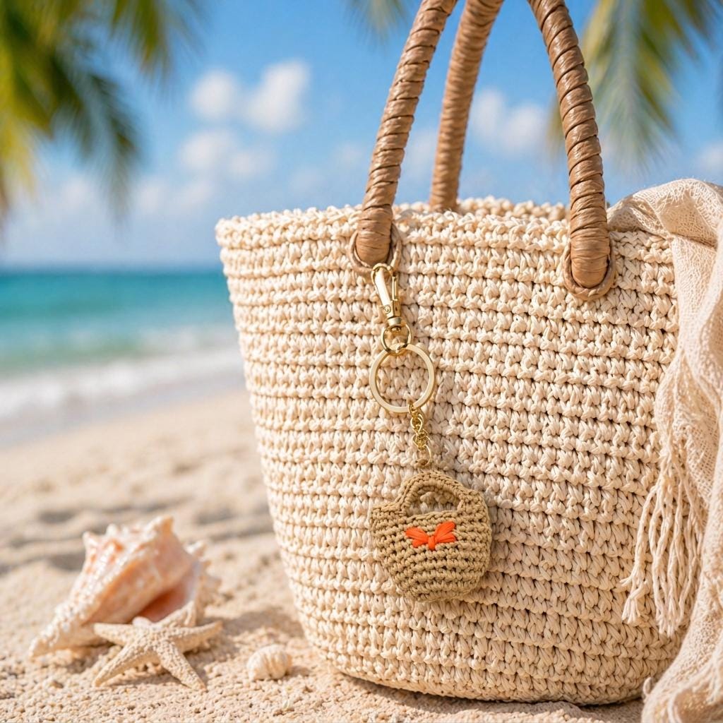 Hand-crocheted Raffia Mini Bag Charm, Tiny Woven Tote Keychain
