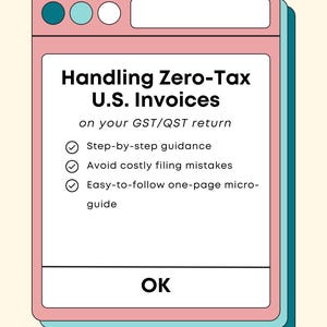 Może przedstawiać: Różowo-turkusowa grafika z tekstem "Handling Zero-Tax U.S. Invoices" i punktami dla wskazówek, unikania błędów i mikro-przewodnika. Słowo "OK" znajduje się na dole.