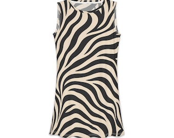 May include: A sleeveless tank top dress featuring a bold, all-over zebra stripe pattern in black and cream. The garment has a simple round neckline and a straight, relaxed silhouette that falls to a mid-thigh length with a curved hemline.