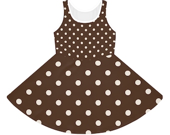 May include: A sleeveless dress featuring a dark brown base color with a repeating pattern of white polka dots. The garment has a round neckline with a white inner trim and a flared, circular skirt silhouette that extends from the bodice.