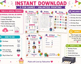 Birthday Party Games Bundle | Printable Birthday Activities for Kids | Instant Download PDF