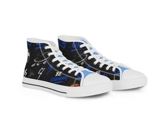 May include: A pair of black high-top sneakers with white rubber toe caps and soles. The canvas uppers feature a blue and white graphic print including skateboards, lightning bolts, and the text BE LEGENDARY in a bold, stylized blue font.