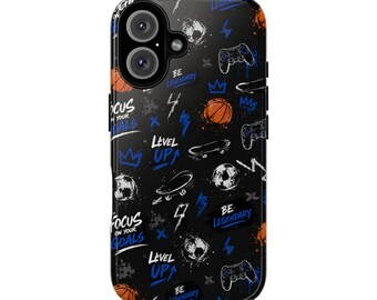 May include: A black smartphone case featuring a repeating pattern of orange basketballs, white soccer balls, skateboards, and game controllers. The design includes blue crowns, lightning bolts, and text reading Focus On Your Goals, Level Up, and Be Legendary.