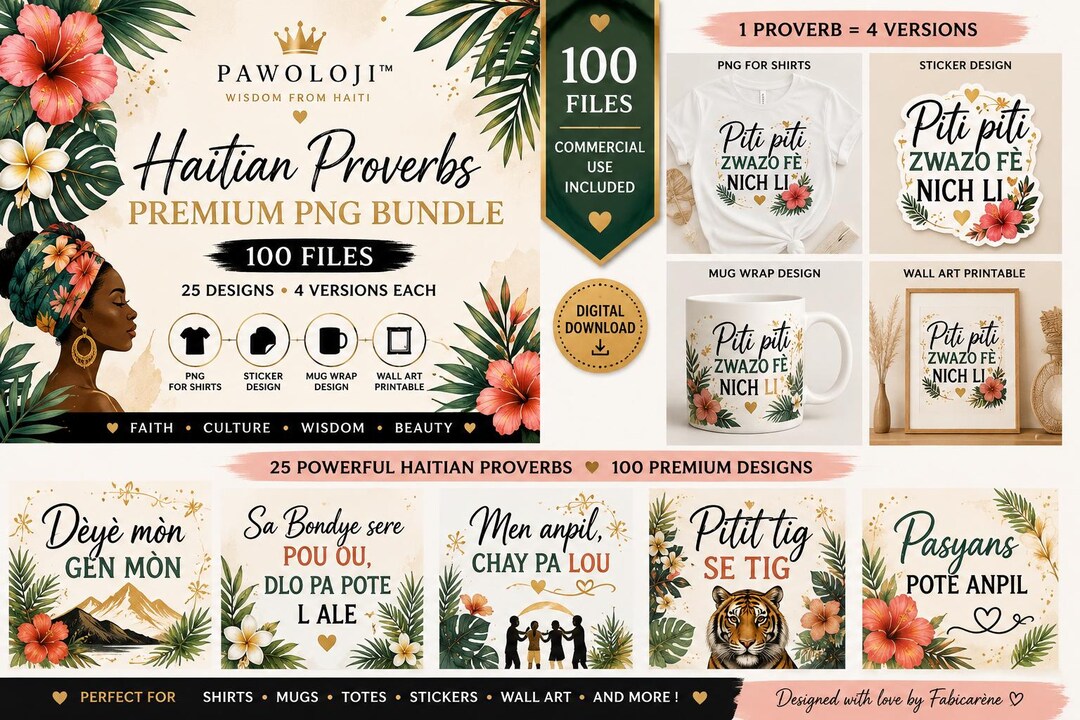 Haitian Proverbs PNG Bundle | Creole Quotes, Tropical Stickers, Wall ...