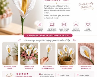May include: A crochet pattern for a Calla Lily flower. The image shows a finished white lily with a yellow center and green stem. The pattern is for a digital PDF and is described as elegant and timeless.