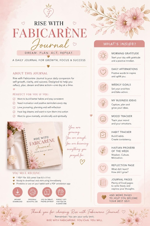 Fabicarène Self Growth Journal | Daily Wellness Planner, Gratitude & Reflection (Digital Download)