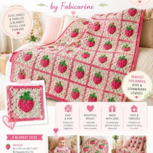 Może przedstawiać: Wzór szydełkowy na kocyk Baby Strawberry Granny Square od Fabicarène. Projekt składa się z beżowych kwadratów z różowymi truskawkami i zielonymi listkami, połączonych różową obwódką. Zawiera tabele rozmiarów dla kocyków średnich, dużych i XXL.