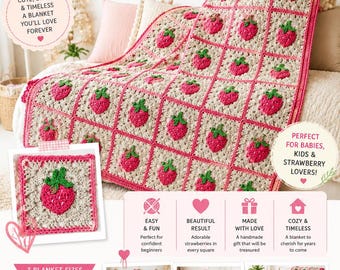 May include: A crochet pattern for a Baby Strawberry Granny Square Blanket by Fabicarène. The design features beige squares with pink strawberries and green leaves, joined by a pink border. Includes size charts for medium, large, and XXL blankets.