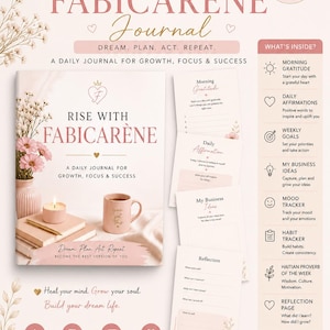 Może przedstawiać: Cyfrowy, drukowany dziennik "Rise with Fabicaren&egrave;" w kolorze jasnor&oacute;żowym. Dziennik zawiera sekcje poświęcone codziennej wdzięczności, afirmacjom, cotygodniowym celom, pomysłom na biznes, śledzeniu nastroju i nawyk&oacute;w. Z tekstem "Dream. Plan. Act. Repeat."