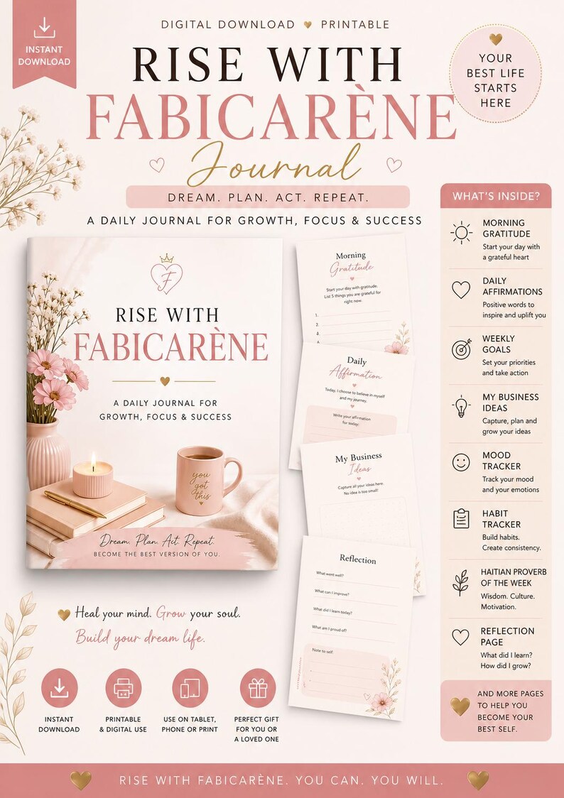 Może przedstawiać: Cyfrowy, drukowany dziennik "Rise with Fabicaren&egrave;" w kolorze jasnor&oacute;żowym. Dziennik zawiera sekcje poświęcone codziennej wdzięczności, afirmacjom, cotygodniowym celom, pomysłom na biznes, śledzeniu nastroju i nawyk&oacute;w. Z tekstem "Dream. Plan. Act. Repeat."
