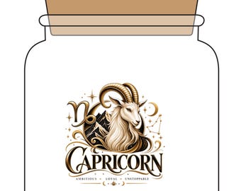 May include: A clear glass jar with a tan cork lid featuring a printed graphic of a goat, mountains, and the Capricorn zodiac symbol. The text reads CAPRICORN, AMBITIOUS, LOYAL, UNSTOPPABLE, with star and moon accents in shades of gold and black.