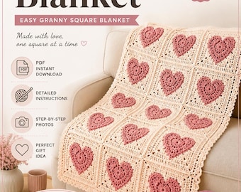 May include: A crochet pattern document for a Heart Blanket featuring a granny square design. The blanket is made of cream-colored squares with pink heart motifs. The text includes Heart Blanket, Beginner Friendly, and Fabicarène Collection.