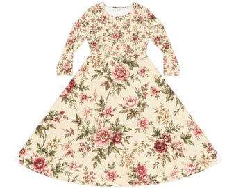 May include: A long-sleeved dress featuring a cream-colored base with an all-over floral print. The pattern consists of various shades of pink and red roses, buds, and green leaves distributed across the bodice, sleeves, and the flared skirt.