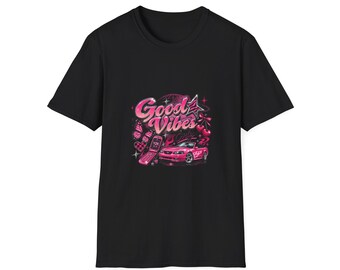 May include: A black short-sleeve t-shirt featuring a graphic print with the text Good Vibes Only. The design includes a pink convertible car, a pink flip phone, a butterfly, cherries, and a star, all rendered in shades of pink and white.