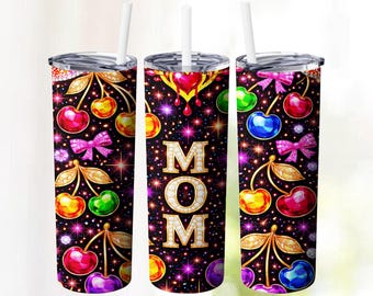 Diseño PNG de vaso térmico Cherry Mom colorido, diseño de diamantes de imitación brillantes MOM, envoltura delgada de sublimación de frutas con purpurina neón de 20 oz