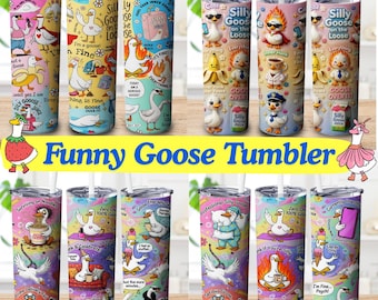 Paquete de imágenes PNG de envoltorios para vasos con gansos divertidos, vaso delgado de 20 oz en formato PNG, diseño de sublimación sin costuras, descarga digital.