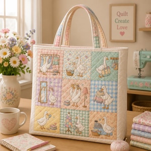 Peut inclure: Un sac fourre-tout matelassé composé d'une grille de neuf carrés, chacun illustrant une oie de dessin animé dans diverses activités quotidiennes. Le sac possède deux anses en tissu et est fait de pièces aux tons pastel rose, bleu, jaune et vert.