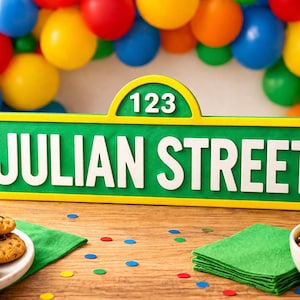 May include: A rectangular green street sign with a yellow border and a yellow semi-circular top section. The sign features the white text 123 and JULIAN STREET in a bold, sans-serif font, designed to resemble a classic television show street sign.