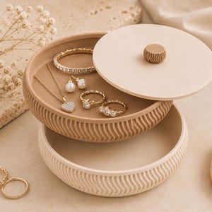 May include: A beige jewelry box with a lid, showcasing various gold jewelry pieces. The jewelry includes rings, earrings, a bracelet, and a heart-shaped pendant necklace. The box has a ribbed design.
