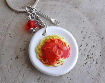 Handmade polymer clay spaghetti keychain, Italian pasta miniature