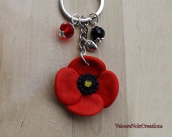 Poppy red flower keychain polymer clay handmade