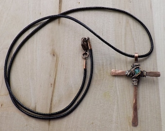 Cross copper rustic hammered wire wrapped