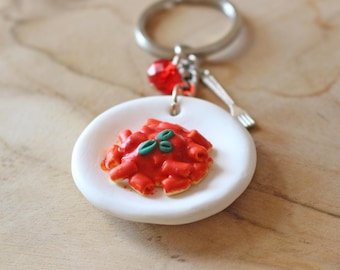 Keychain handmade polymer clay pasta plate rigatoni with tomato sauce and basil, miniature food art gift Italian style