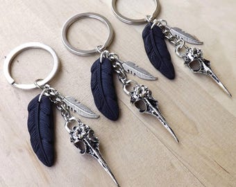 Handgemaakte sleutelhanger met raaf en schedel – cadeau-idee voor gothicliefhebbers