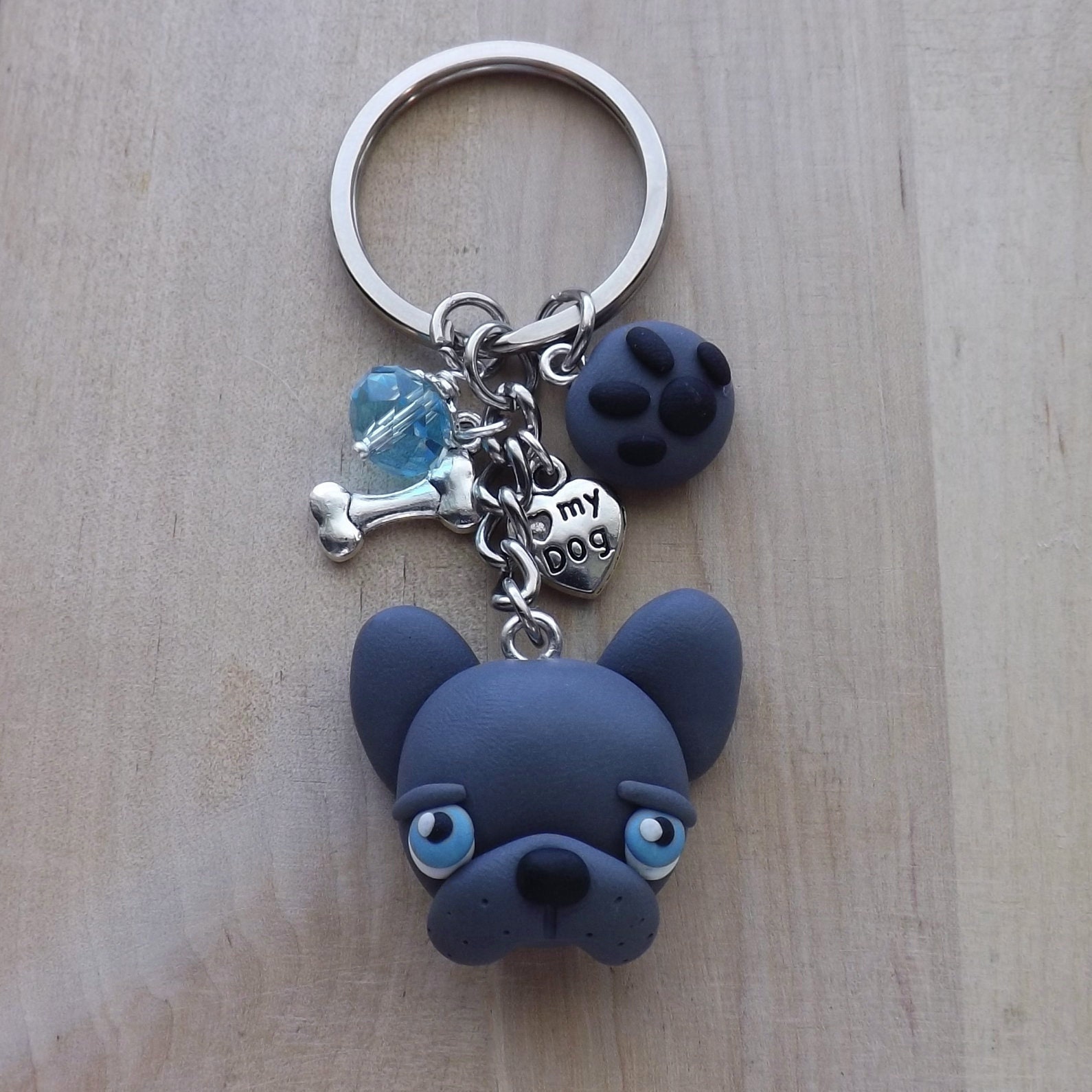 Leather French Bulldog Keychain - Blue