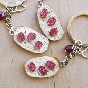 Bread and salami keychain handmade polymer clay with Czech glass bead and Tibetan silver heart rustic Italian food gift