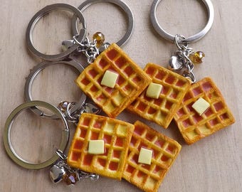 Waffle Bag Charm – Realistic Handmade Miniature with Syrup, Butter and Silver Heart, Food Jewelry Keyring Gift