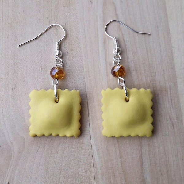 Handmade ravioli earrings in polymer clay with ochre crystals | Unique jewelry inspired by Italian cuisine, foodie gift idea