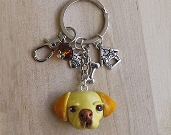 Handmade Labrador Retriever dog keychain in polymer clay, “my dog” heart, bone and kennel Tibetan silver charms, ocher crystal