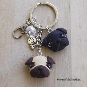 Handmade Pug Keychain – Fawn and Black Polymer Clay Dog with Charms