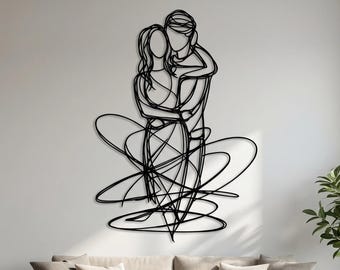 Lovers Metal Wall Art, Abstract Couple Decor, Minimalist Romantic Line Art, Anniversary Gift