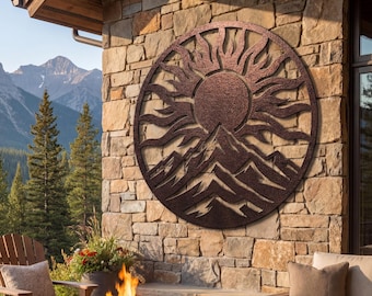 Sun and Mountain Metal Wall Art, Alpine Sunset Circle Sign, Rustic Mountain Home Sign, Cabin Wall Art