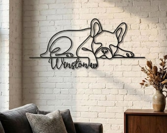 Personalized French Bulldog Metal Wall Art, Custom Dog Name Sign, Sleeping Dog Line Art, Dog Owner Gift, Pet Memorial Sign