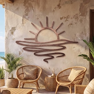 Art mural en métal soleil et océan, décoration de patio coucher de soleil côtier, maison de plage, art en métal soleil et vagues, silhouette bohème de lever de soleil, décoration extérieure