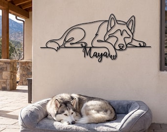Personalized Husky Metal Wall Art, Custom Dog Name Sign, Sleeping Dog Line Art, Husky Owner Gift, Pet Memorial Sign