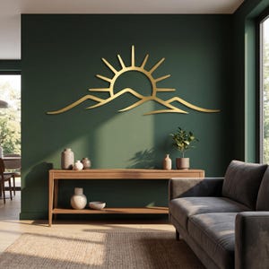 Sun and Mountain Metal Art, Minimalist Mountain Range Sunrise Decor, Large Modern Landscape Line Art