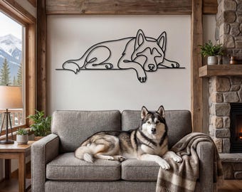 Husky Metal Wall Art, Sleeping Dog Line Art, Custom Siberian Husky Metal Art, Pet Memorial Gift
