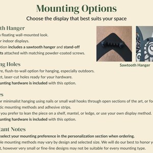 May include: An informational graphic titled Mounting Options by WildRidge Home Decor. It details three display methods: Sawtooth Hanger with stand-off supports, Mounting Holes for flush-to-wall hanging, and No Holes for leaning or custom hardware.