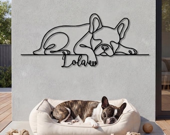 Personalized French Bulldog Metal Wall Art, Custom Dog Name Sign, Sleeping Dog Line Art, Pet Memorial Gift