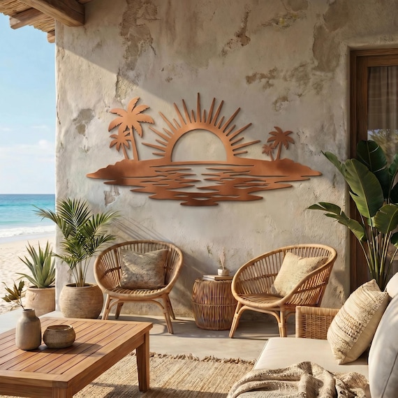 Sunset Ocean Horizon Metal Wall Art, Coastal Beach Patio Decor, Boho Island Palm Tree Sign, Tropical Beach House Art