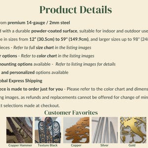 May include: Product details text for WildRidge Home Decor featuring 14-gauge 2mm steel, powder-coated finish, sizes from 12 inches to 98 inches, 30 color options, and three mounting choices. Includes five small images showing copper, black, and gold finishes.