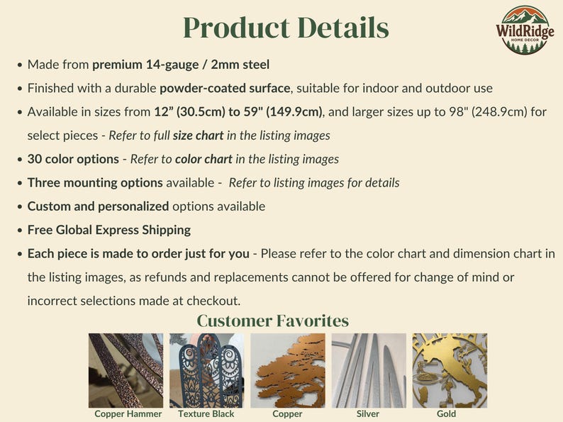 May include: Product details text for WildRidge Home Decor featuring 14-gauge 2mm steel, powder-coated finish, sizes from 12 inches to 98 inches, 30 color options, and three mounting choices. Includes five small images showing copper, black, and gold finishes.