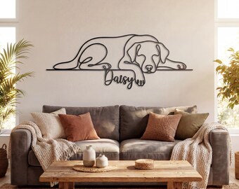 Personalized Labrador Metal Wall Art, Custom Dog Name Sign, Sleeping Dog Line Art, Pet Memorial Gift
