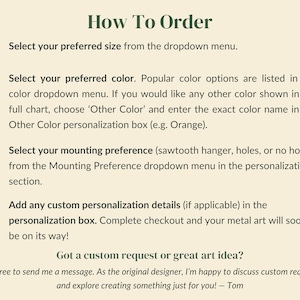 May include: An instructional graphic titled How To Order with the WildRidge Home Decor logo. It lists four numbered steps for selecting size, color, and mounting preferences, plus a personalization box for custom details and a contact message.